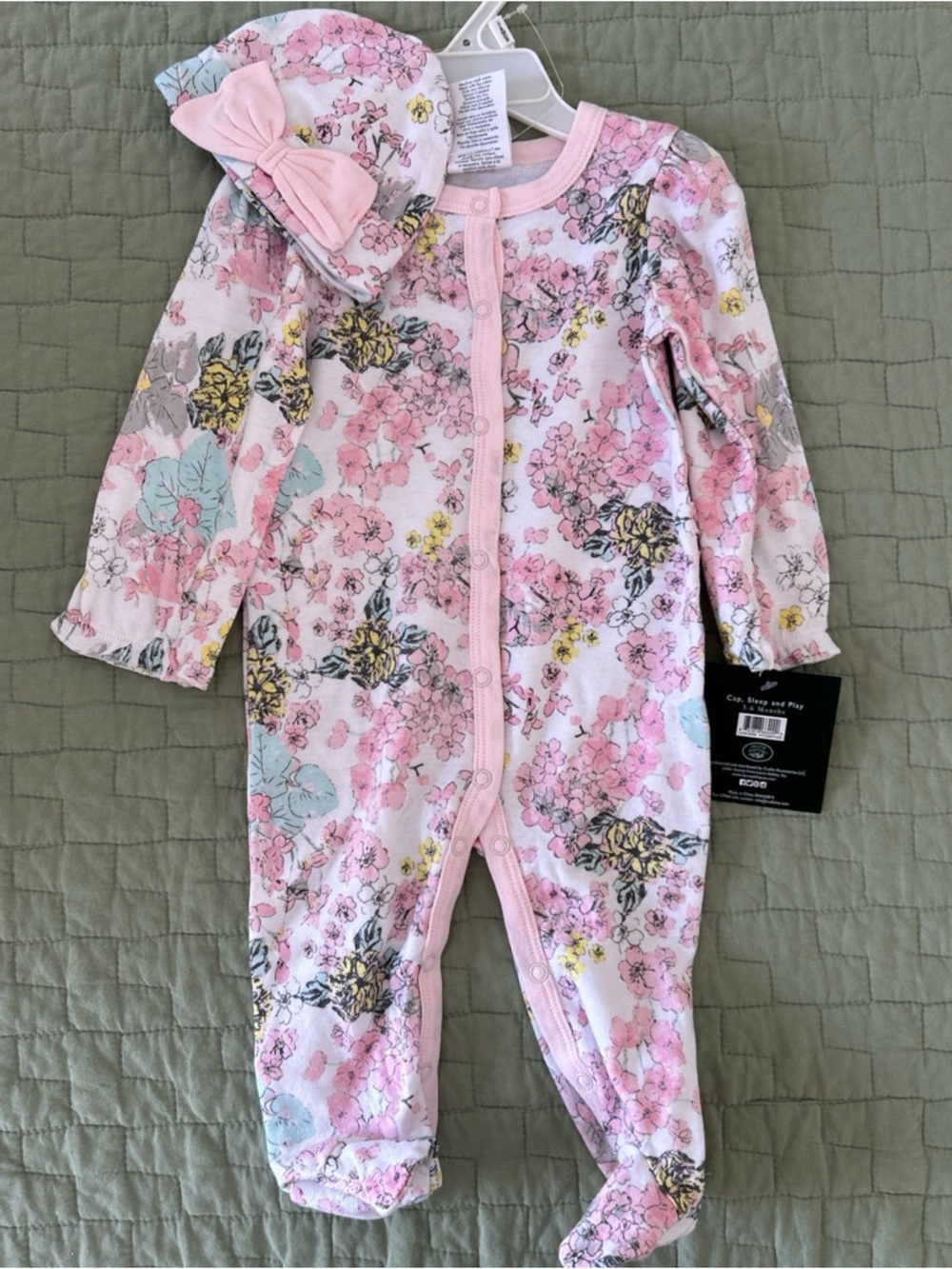 Laura Ashley NWT Pink/Yellow Floral Print 100% Cotton Ruffle Trim Footie 3-6 Mo
